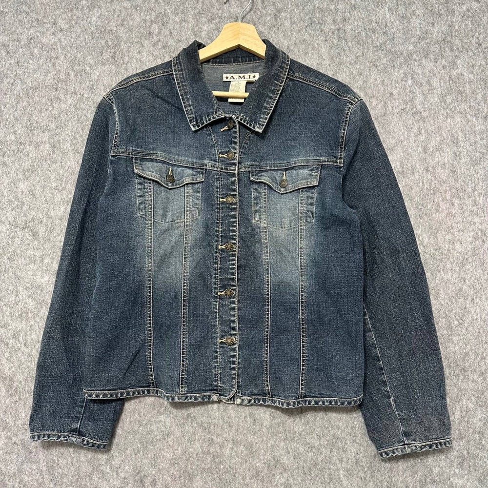 AMI Jeans Denim Jacket Classic‎ Blue Wash Button Front Women's Size L